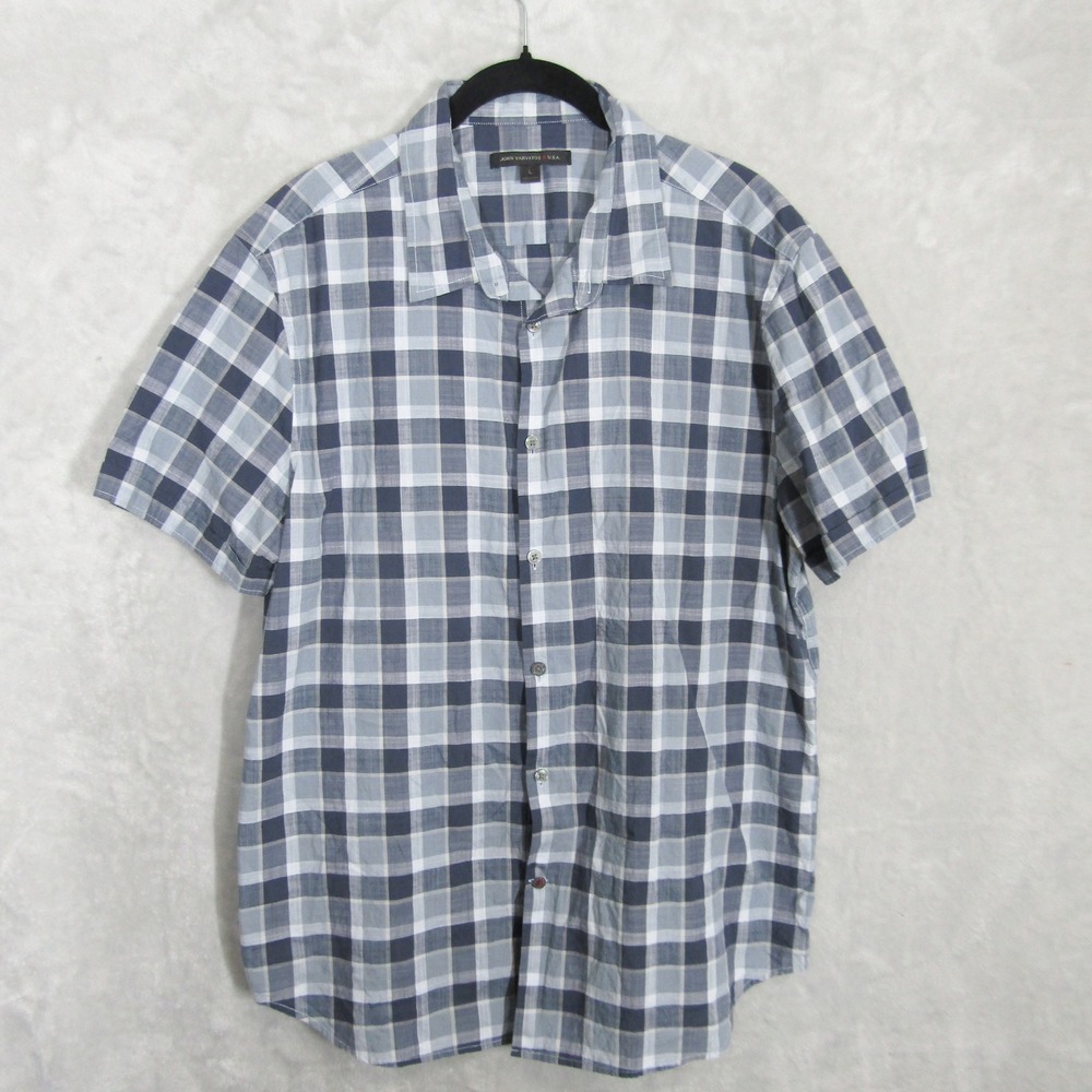 John Varvatos U.S.A. Mens Plaid Button Down Shirt Short Sleeve Large Casual